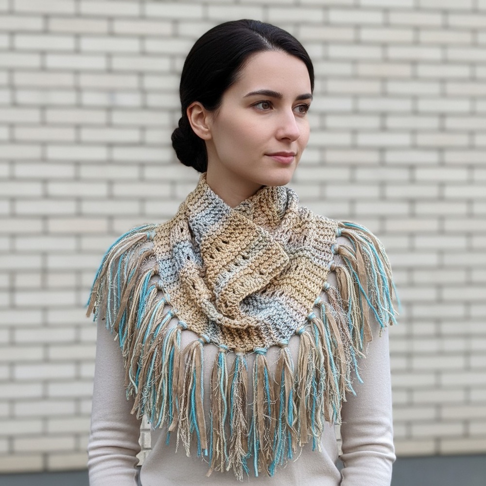 NEW Hand Knitted Boho Cowl Scarf Tan Muted Eyelet Cottage‎ Coastal Fairy Pastel